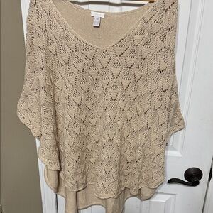 Chico's Beige V-Neck Knit Sweater Poncho Gold Sparkles Crochet Front